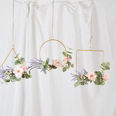 輕奢金屬壁挂人造薰衣草桉樹葉幾何框架花環婚禮背景牆裝飾套裝