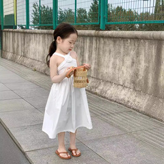 2024女童夏裝氣質小香風純白色花朵掛脖抹胸連衣裙吊帶禮服公主裙