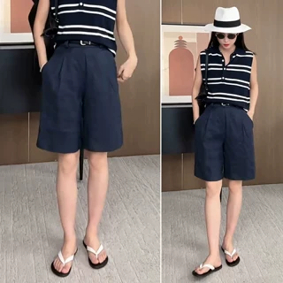 老钱风藏青色纯亚麻五分裤女2026夏新款高腰显瘦气质百搭舒适中裤