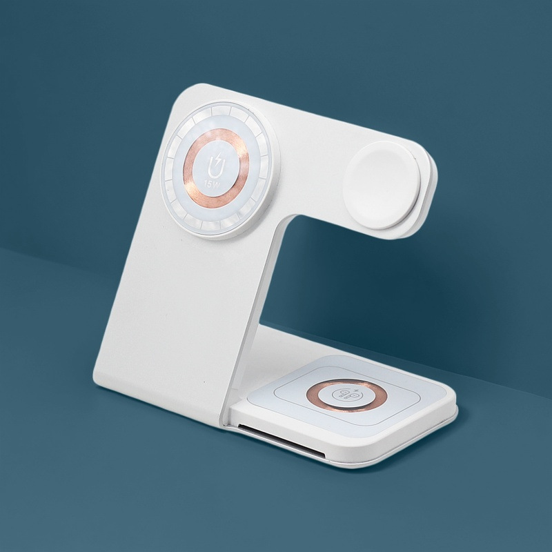 Cargador inalámbrico tres en uno magnético transfronterizo de 15W, soporte para teléfono móvil, aleación de aluminio, carga rápida conveniente, cargador inalámbrico