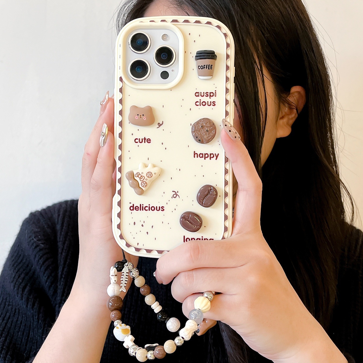 Oso de galleta tridimensional con salpicaduras de tinta estilo ins para iPhone 16/15ProMax funda para teléfono móvil 13 cadena Apple 14