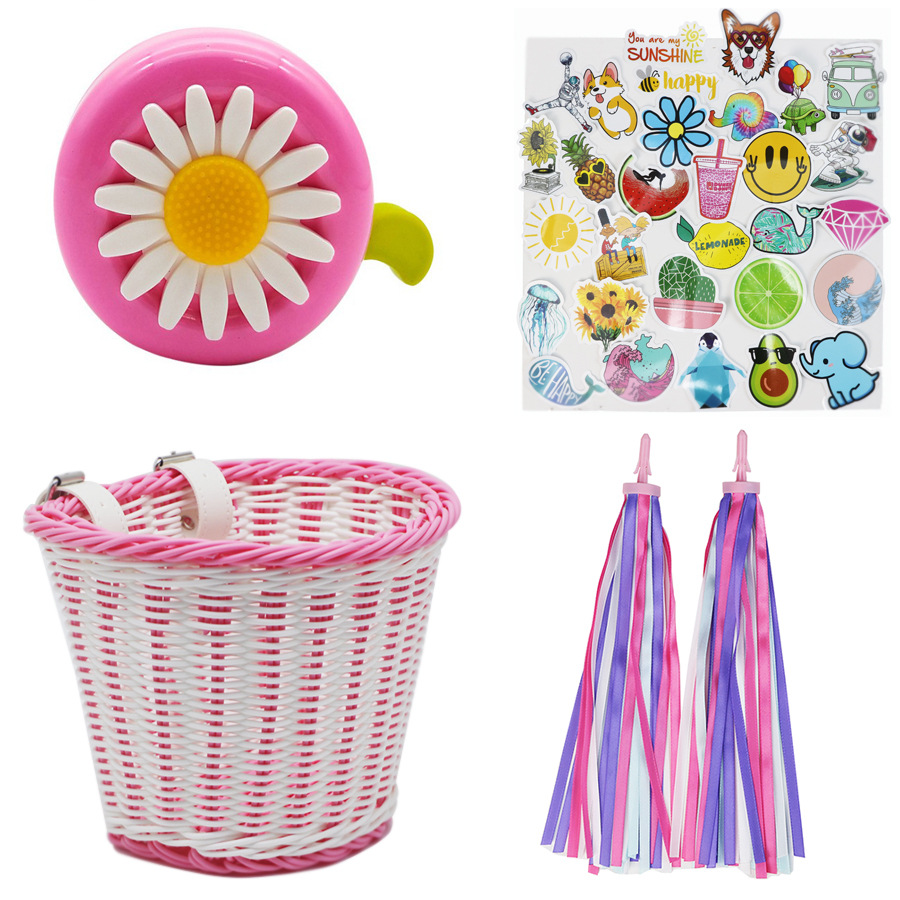 Cesta tejida de ratán para niños accesorios de bicicleta para niños Cesta de campana pegatinas manillar borla imitación Cesta tejida de ratán