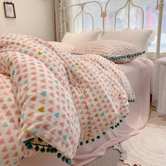 2F2022 New Trendy Bean Bean Milk Fleece Quilt Set Coral Fleece Winter Plush Throw Pillowcase Autumn/Winter Bedding
