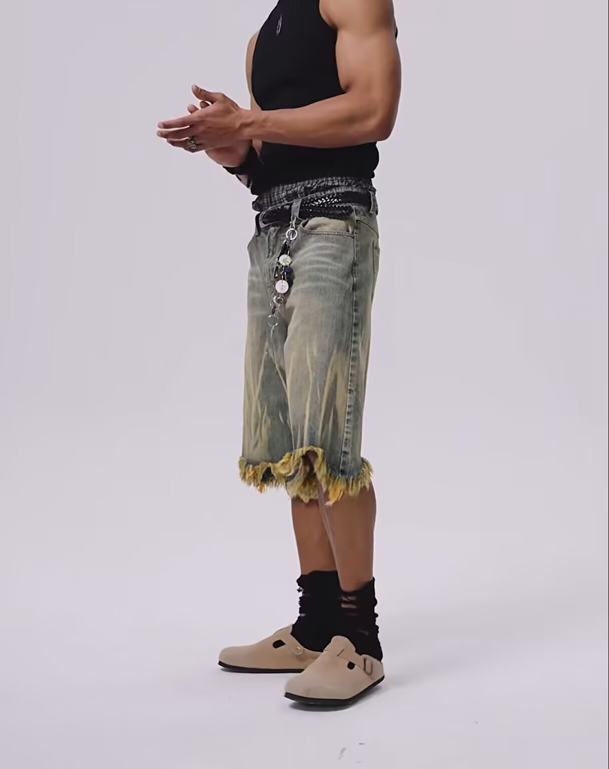 Men's And Women's Trendy Brand Dyed Yellow Mud Washed Distressed Denim Shorts Loose Five Point Style_mkmklike.com