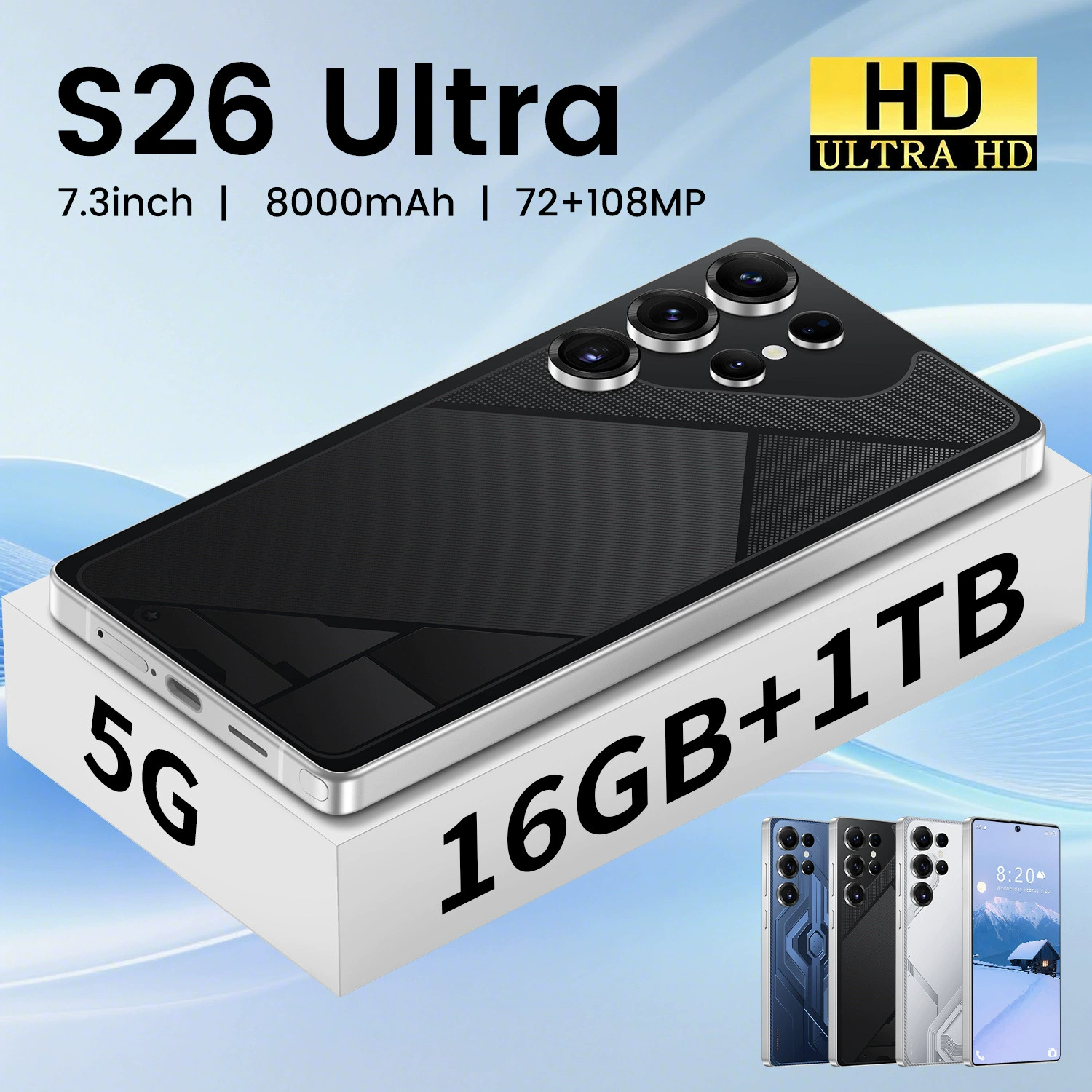 Смартфон S26 Ultra, 7.3-дюймовый AMOLED, 16ГБ + 1ТБ, 108МП + 72МП, 8000 мАч, 5G