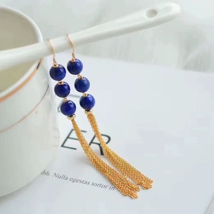 Natural Lapis Lapis Earrings Long Tassel Earrings New Chinese Style Jewelry Exaggerated Long Elegant Women's Earrings Ear Hook