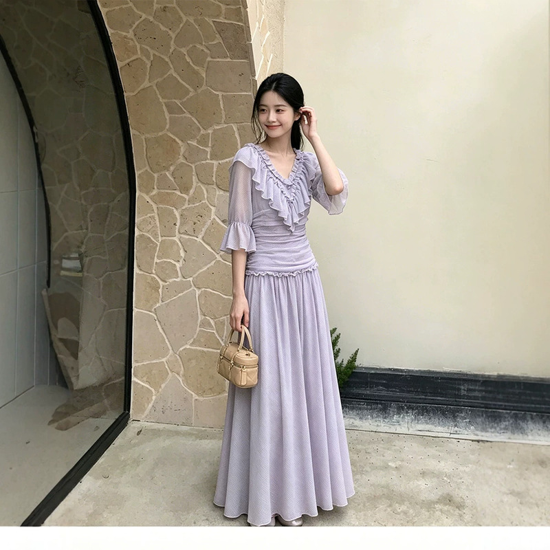 Huang Liang Elovey Original Heavy-Duty Polka Dot Ruffle Waist Pleated Design Easy-To-Wear Mid-Sleeve Long Dress for Women