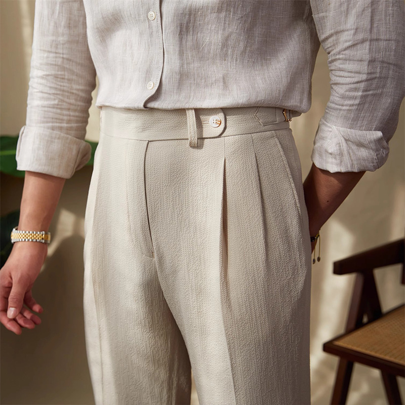 轻奢绅士夏季轻薄透气泡泡纱那不勒斯高腰裤绅装百搭休闲西裤潮男