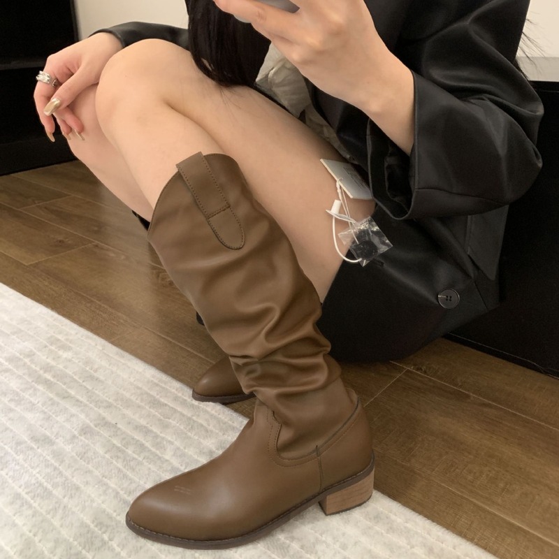 尖头复古美拉德靴子女2025春季新款显瘦堆堆靴高筒西部牛仔骑士靴|undefined