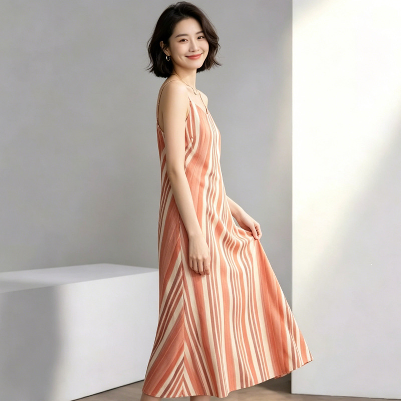 French Classic Striped Suspender Dress for Women, New Summer Style, Mid-Length, Orange, Slimming Design, Mid-Length Dress French Classic Striped Suspender Dress for Women, New Summer Style, Mid-Length, Orange, Slimming Design, Mid-Length Dress