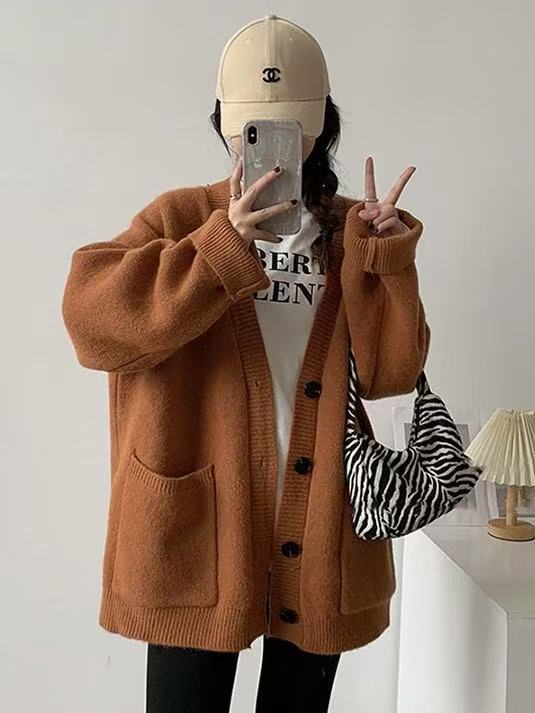 韩版简约V领口袋毛衣外套女秋冬宽松大版开衫显瘦百搭软糯针织衫|undefined