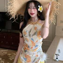 辣妹感小众田园风不规则挂脖背心女修身设计感黄色网纱半身裙度假