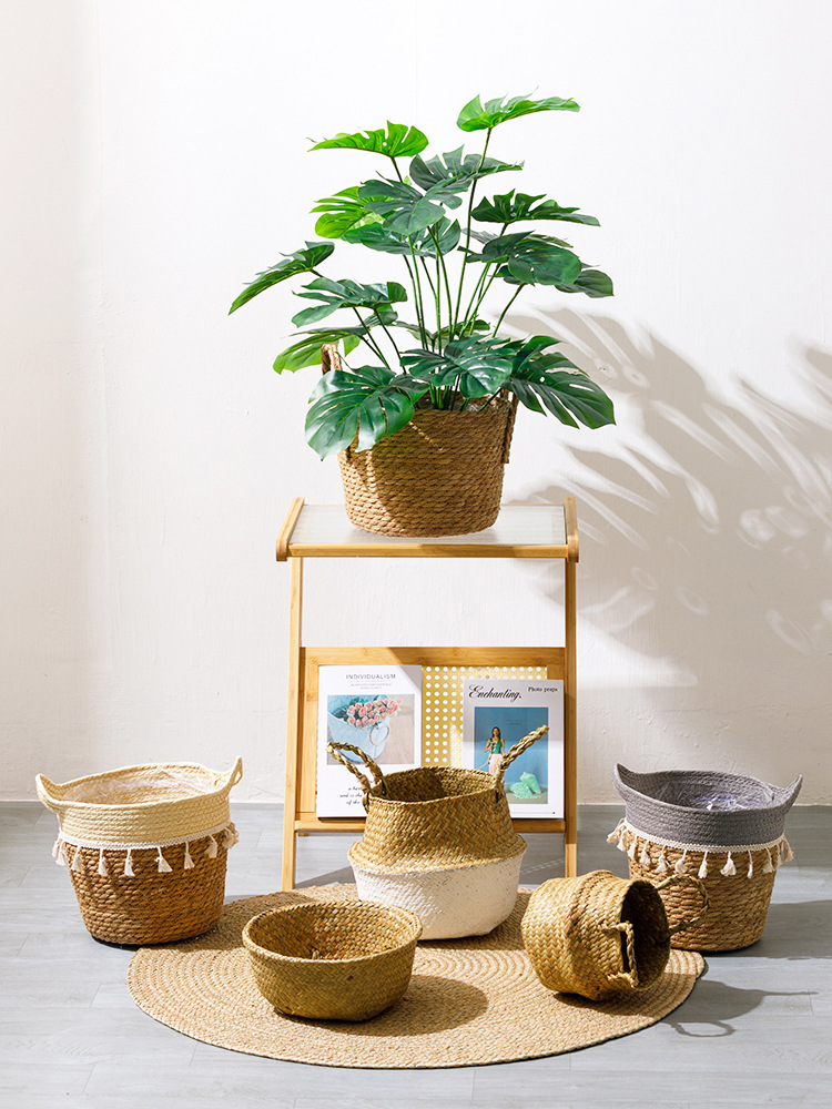 北欧草编折叠海草编织花篮藤编收纳绿植水泥花盆现代简约客厅