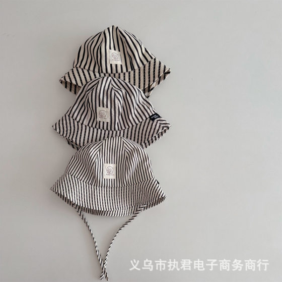South Korea Ins Baby Striped Breathable Fisherman Hat Spring New Tie-up Thin Early Summer Basin Hat for Baby and Young Children