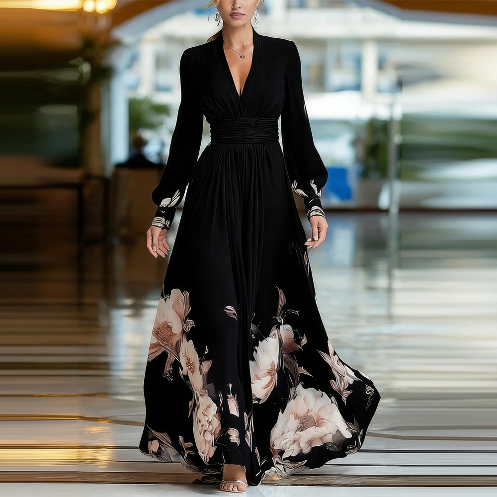 Women's Clothing Spring Long Mesh Patchwork French Slim Fit Dress, Versatile Printed Maxi Dress For Women_voghion.com