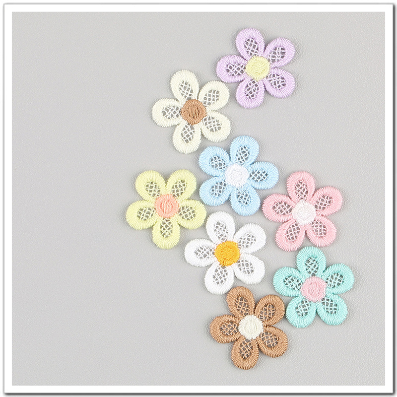 鞋花饰品辅料双色网格五瓣花刺绣水溶布贴儿童发饰装饰品配件花仔