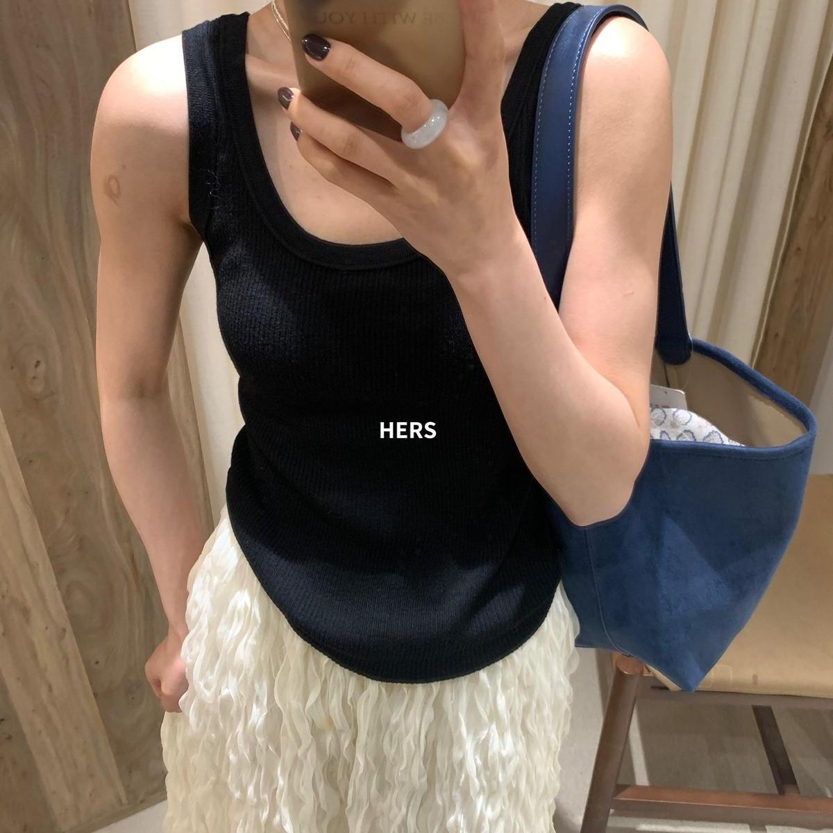 Hers estilo coreano simple diario de un solo producto de viaje chaleco de cuello redondo para mujer camisa de fondo delgada elástica con cuello en U grande 20460