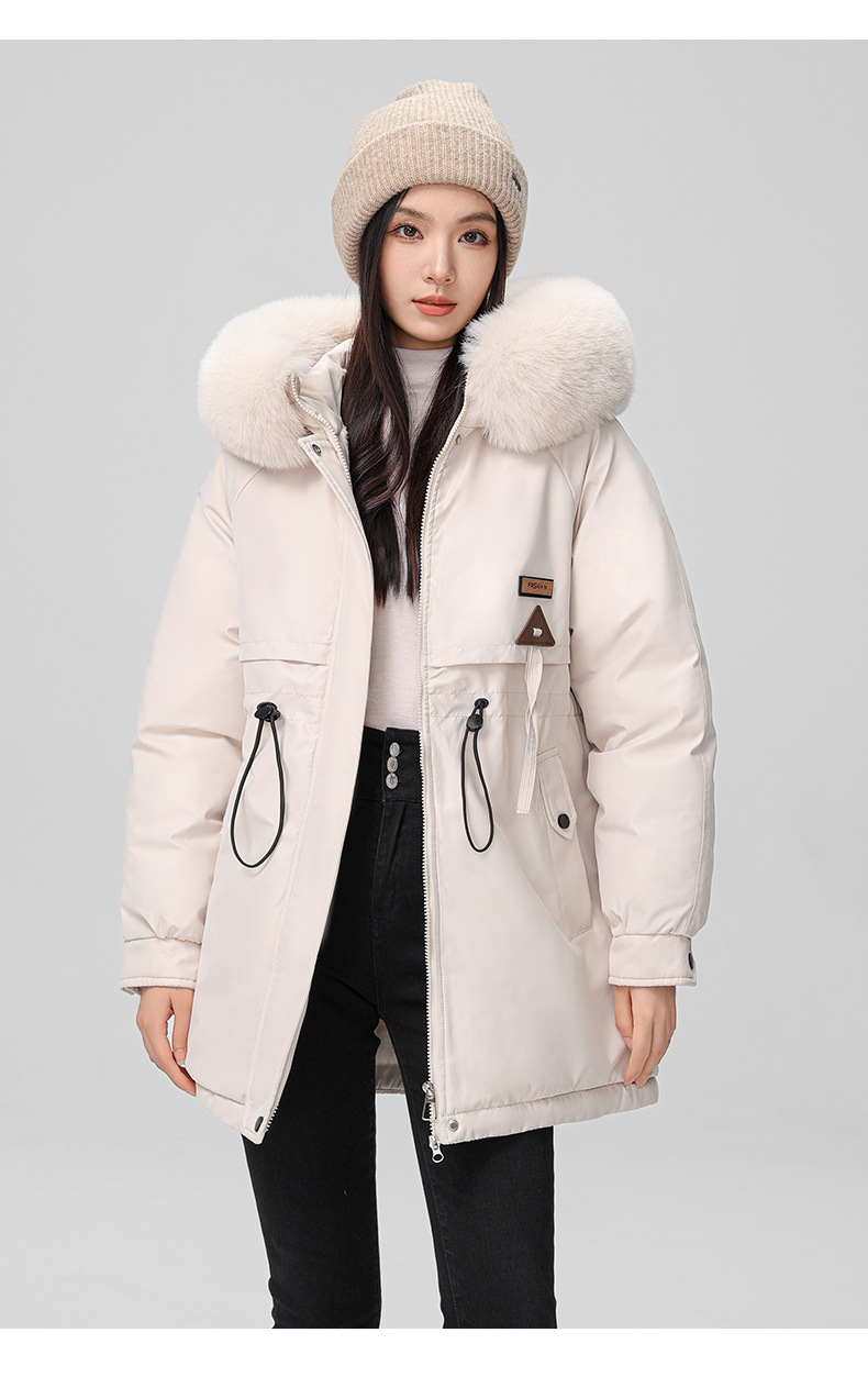 2024 foreign trade overcomes women's winter new Korean version waist cinching slimming hooded big fur collar cotton_voghion.com