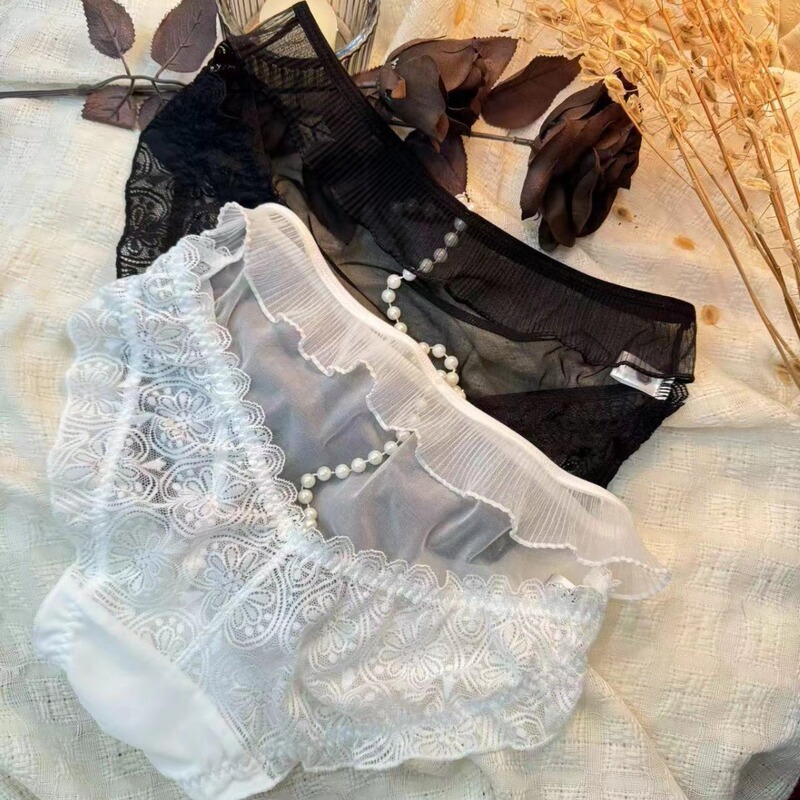 New Sexy Lace Transparent Mesh Pearl Tassel Pleated Women's Underwear