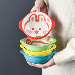 Ceramic double-handled bowl for babies and children, mealtime and snack bowl with lid, microwave-safe tableware, cute dessert and fruit jelly bowl
