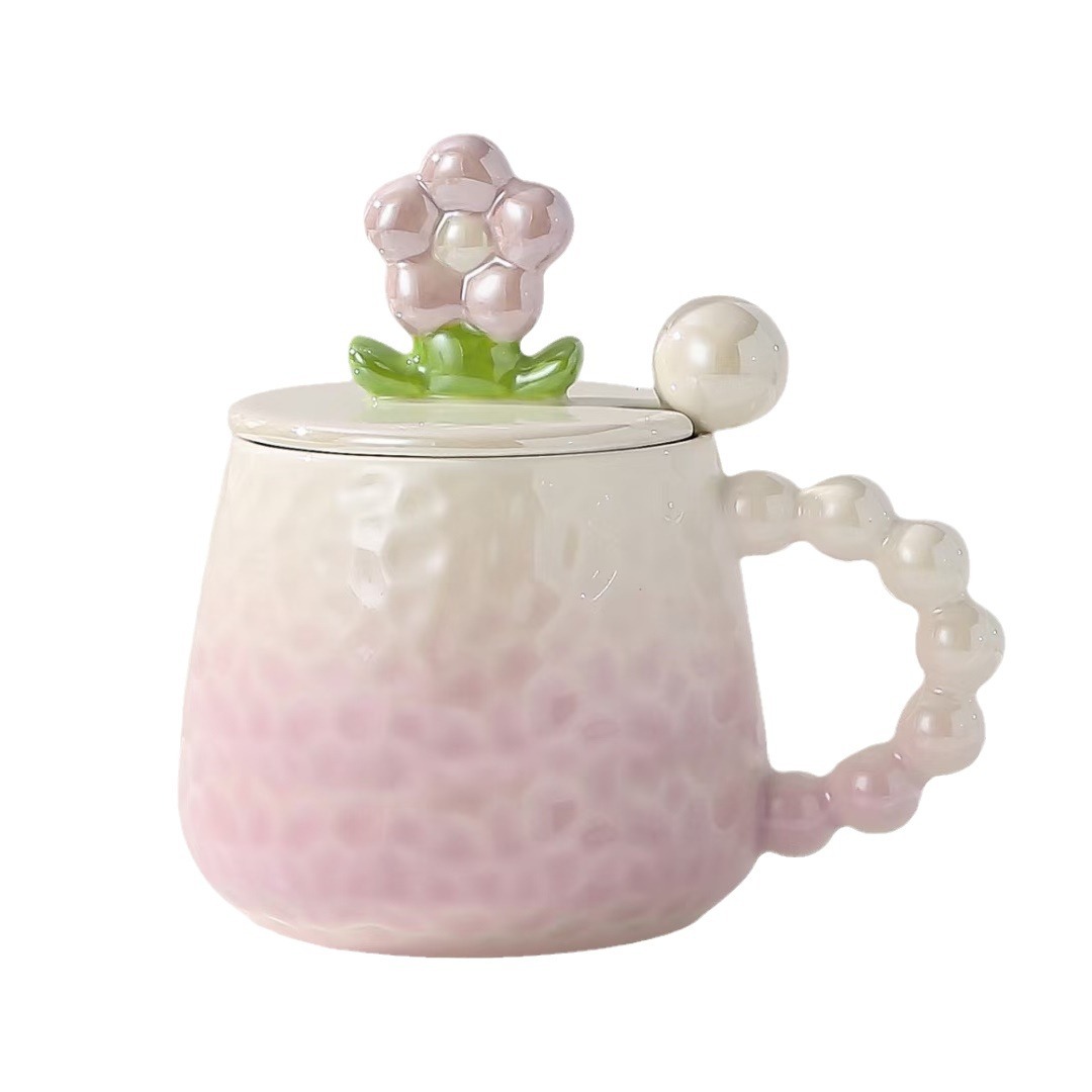 Flores creativas de alto valor facial taza de cerámica con tapa cuchara acompañante de regalo de mano personalidad de la chica taza de agua taza de esmalte de perla