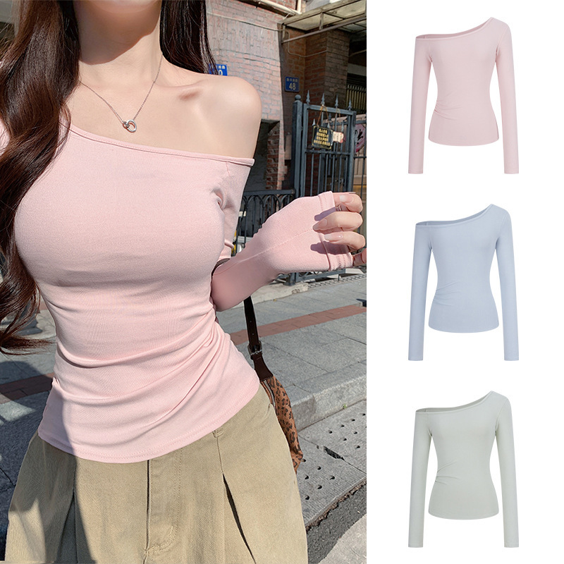 Ready Stock ~ Slanted Shoulder Sexy Long-Sleeved T-Shirt Ins Asymmetrical Slim Fit Off-Shoulder Top Design Trendyy and Versatile Ready Stock ~ Slanted Shoulder Sexy Long-Sleeved T-Shirt Ins Asymmetrical Slim Fit Off-Shoulder Top Design Trendyy and Versatile