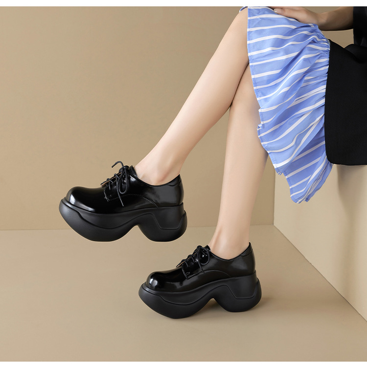 Giày loafer nữ đế xuồng platform cao 8 cm, dây buộc, da thật mùa thu 2025 — màu đen, màu trắng ngà chi tiết 6