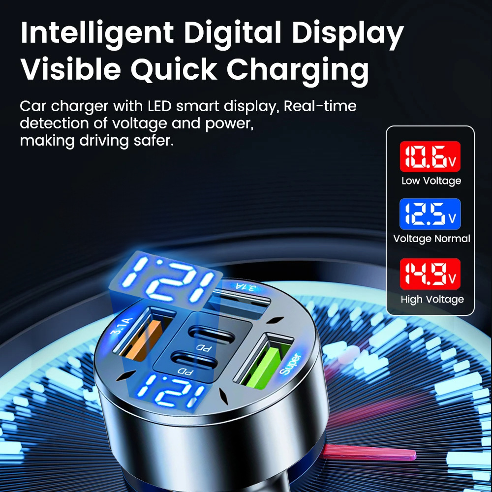 Multi-port with digital display support super fast charging 6/8 port with voltage vehicle-mounted one-to-six/8-car fast charging cross-border