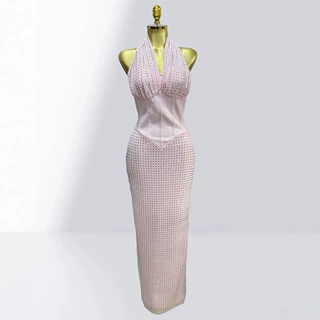 跨境奢华烫钻性感低胸挂脖包臀连衣裙欧美时尚派对晚宴绷带Dress