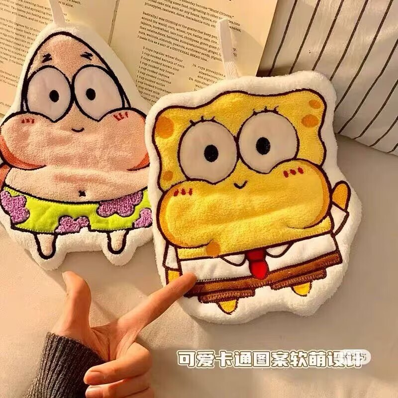 Cute Spongebob Hand Towel for Home Use, Hanging Type, Absorbent, Lint-Free, Small Square Towel, Children's Towel, Kitchen Hand Wipe Cloth