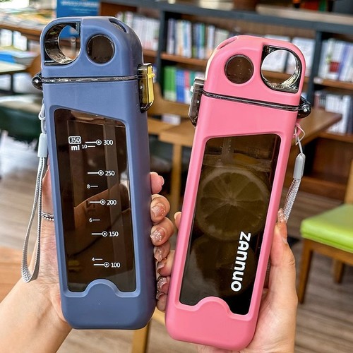 Square sports water bottle, high-quality portable student adult children men small capacity plastic high-temperature straw cup