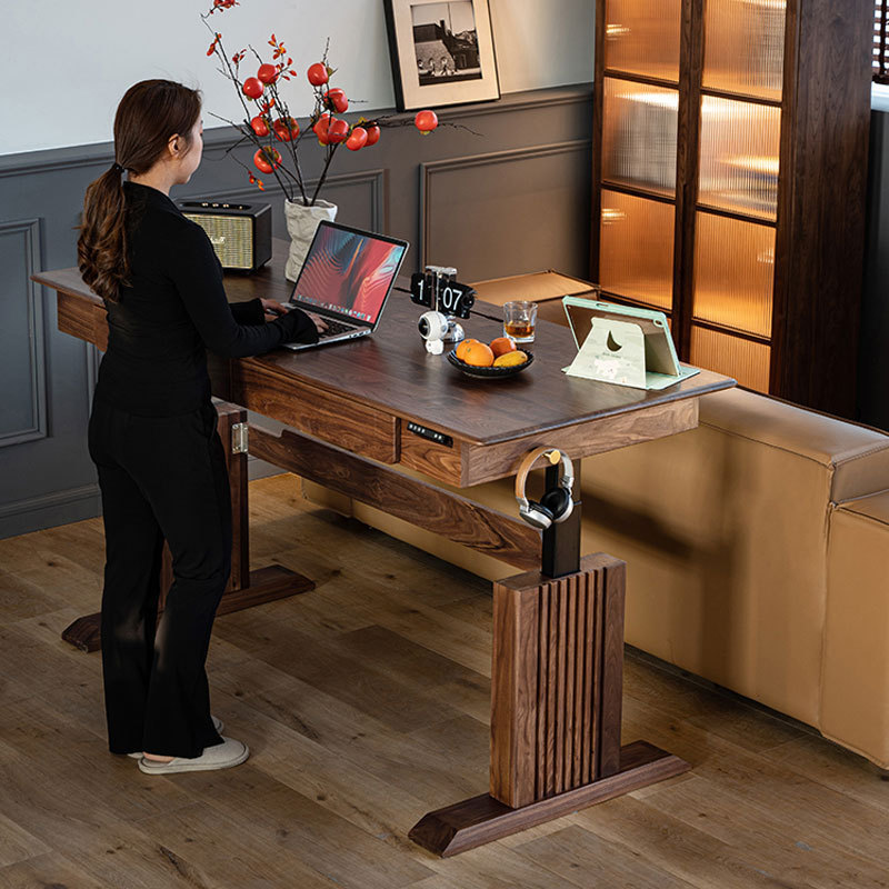 North American Black Walnut Electric Adjustable Desk All Solid Wood Desk Computer Desk Liftable Workbench Study Table