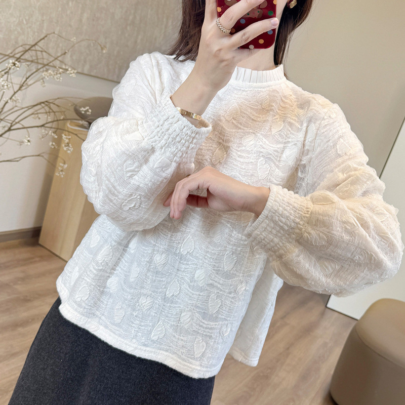 Bubble Gauze Cream Base Layer! 2026 Spring French-Style Pleated Collar Lantern Sleeve Dreamy Soft Gauze Layered Lace Blouse