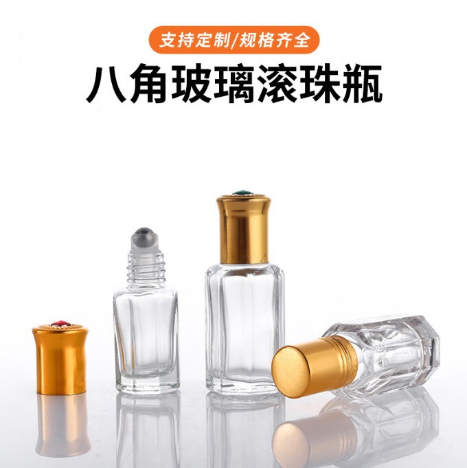 卸売ガラス香水ボトル、厚みのある高価値ガラスボトル、八角形ローラーボールボトル、透明エッセンシャルオイルボトル、空ボトル|undefined