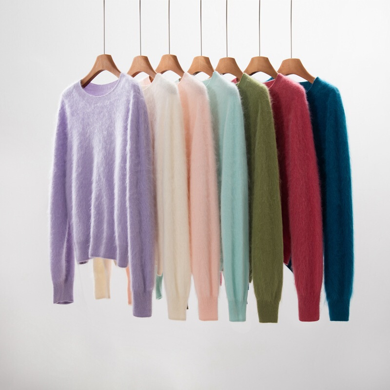 Cashmere Sweater Women's Brushed Round Neck Sweater Autumn and Winter Seamless Lazy Style Brushed Pure Color Wool Knitted Bottoming Sweater Trendy