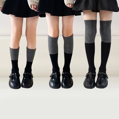 兒童棉襪 純色直筒無後跟大小童拼接小腿過膝顯瘦潮流襪子廠家批