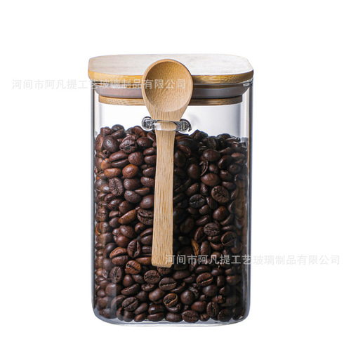 Cross-border supply of high borosilicate square sealed jars, transparent glass storage jars, coffee bean storage jars with spoons