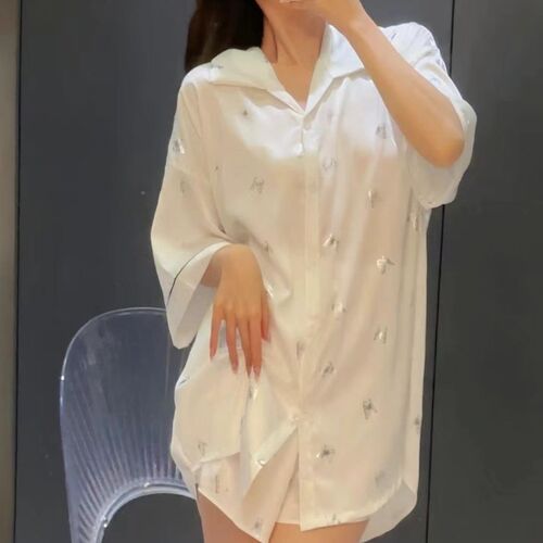 Ladies' Summer Pajama Set with Ice Silk Butterfly Nightgown and Shorts - Loose Sweet Fairy, Pure Desire, Simple and Elegant High-End Sleepwear