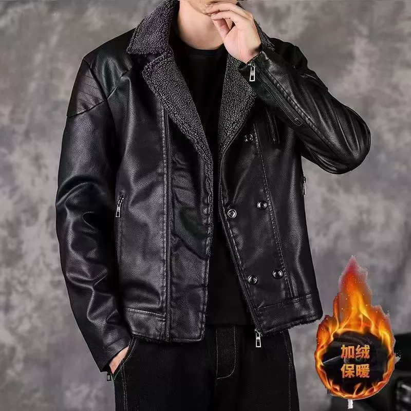 Зимняя мужская куртка из кожи с флисовой подкладкой, в корейском стиле, стильная, молодежная, утепленная, теплая, для мотоциклистов.