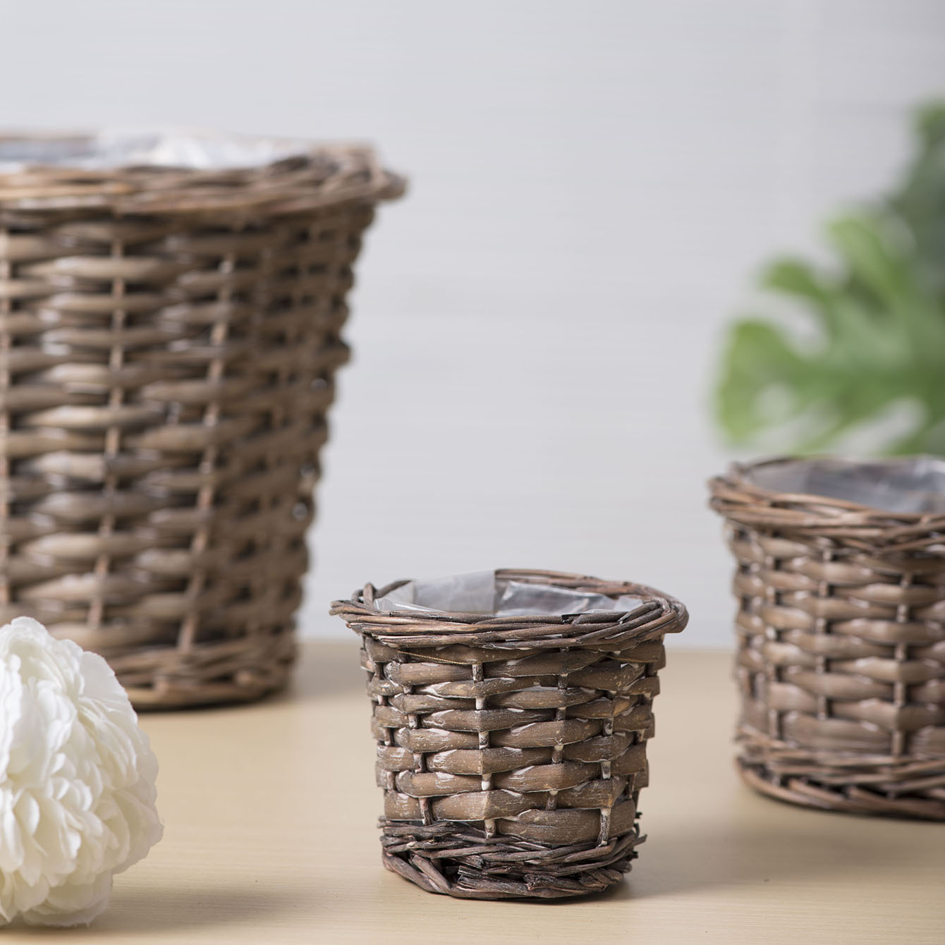 Nórdico tejido a mano maceta decoración de sala de estar cestas de flores de sauce verde a mano maceta de plantación verde carnosas