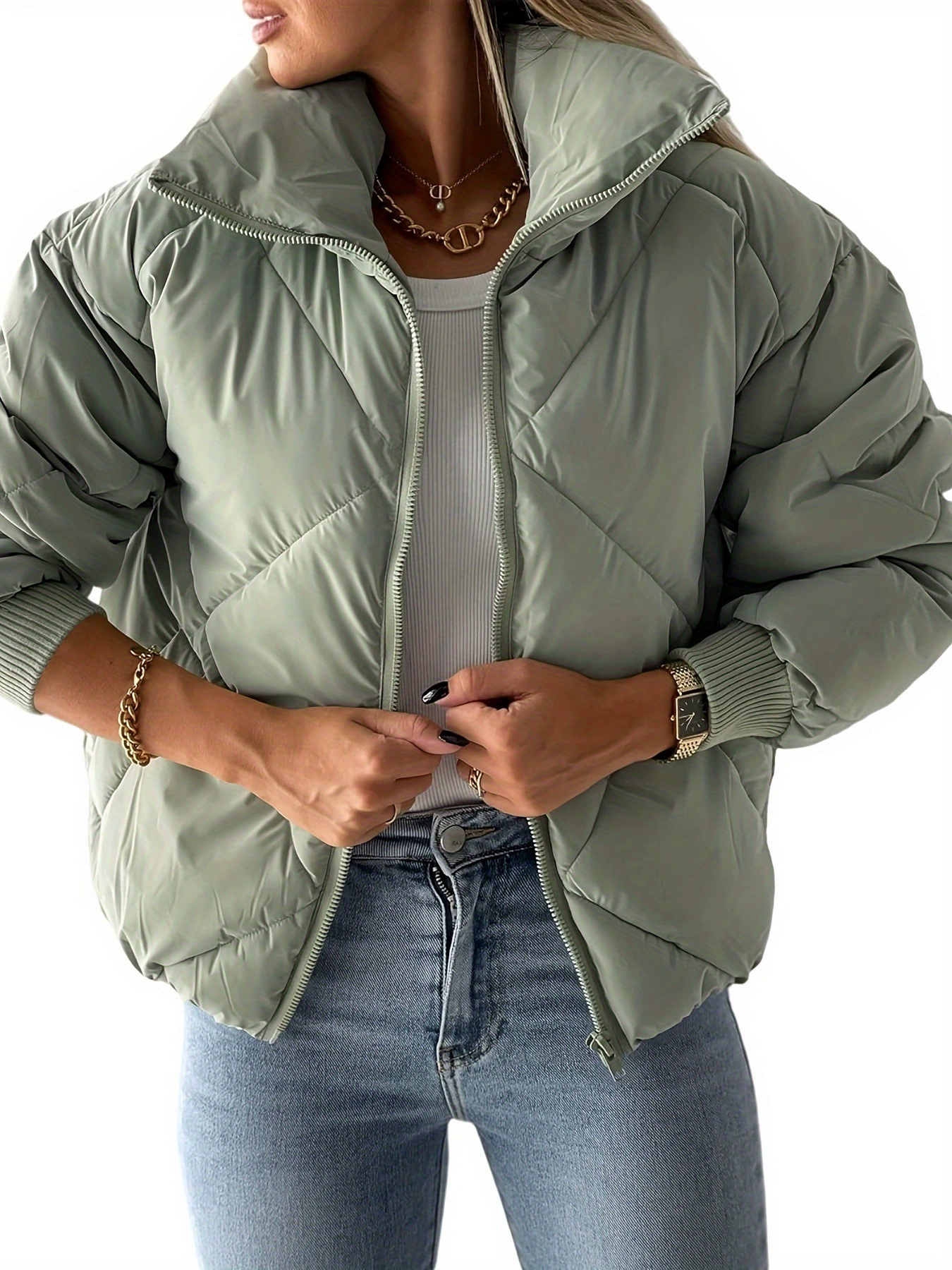 Women's Quilted Cropped Puffer Jacket Lightweight Warm Full
