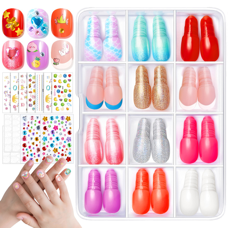 Cross-Border 12 Styles of Girls and Kidsren's Nail Art Pieces, Wearable Nail Stickers, Colorfulful Gemstone Diamond Girls' Nail Art Sets