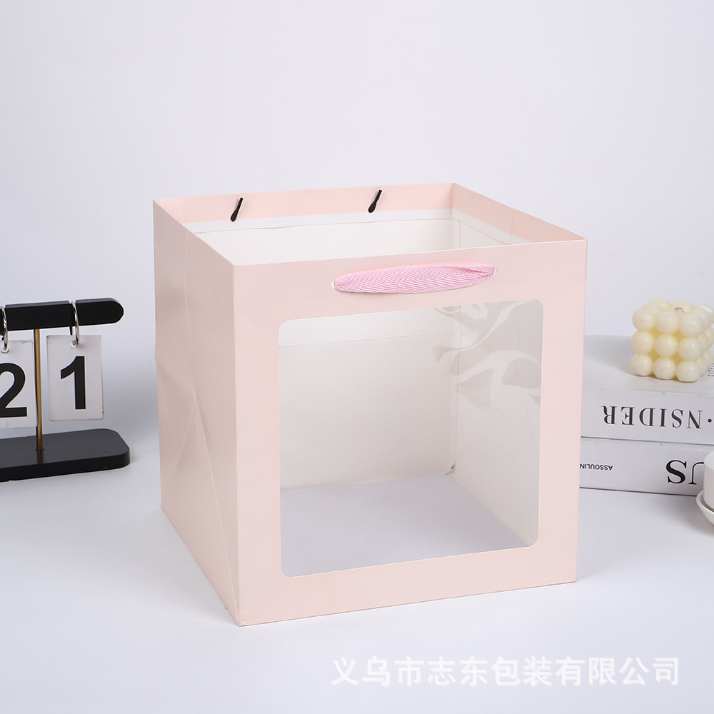 加厚正方形包装袋鲜花婚庆宽底礼品袋透明开窗手提礼袋纸袋批发