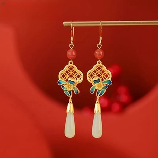 Hetian jade national fashion cloisonne retro coin four-leaf clover plum blossom long eardrop retro light luxury generous ear jewelry