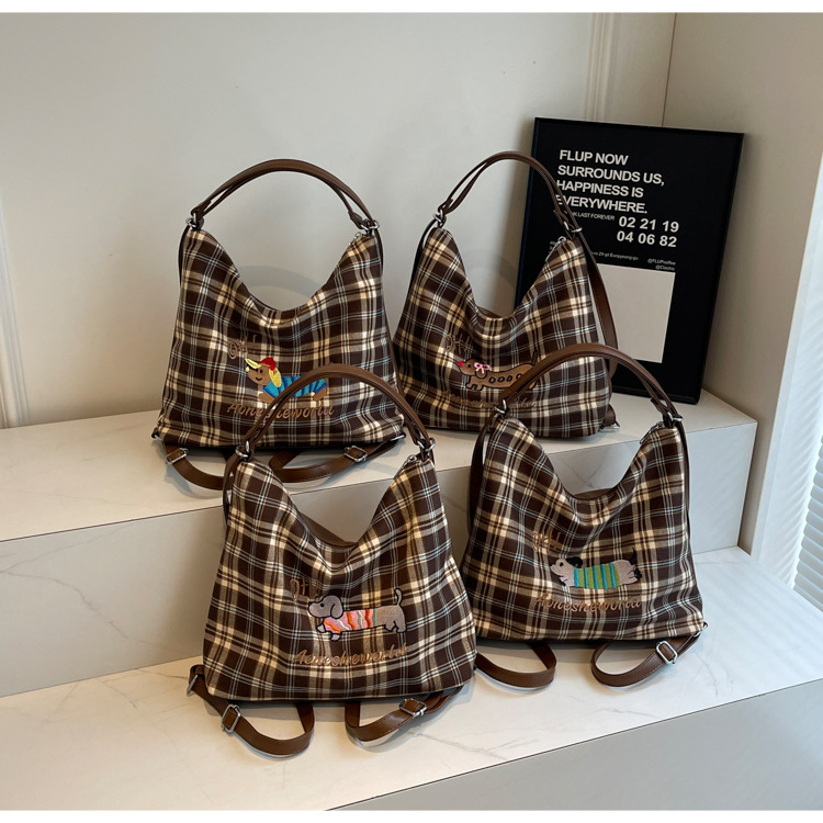 New Super Hot Large Capacity Women's Cute Sausage Dog Plaid Shoulder Autumn/Winter Versatile Fashion Simple Tote Bag_voghion.com