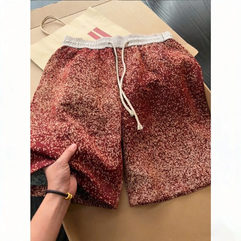 American High Street Fashion Brand Starry Red Casual Loose Shorts for Men Summer Drawstring Basketball Sports Shorts
