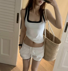 U領拼色復古背心 Top上裝 白色/黑色/裸色 2023夏季新品