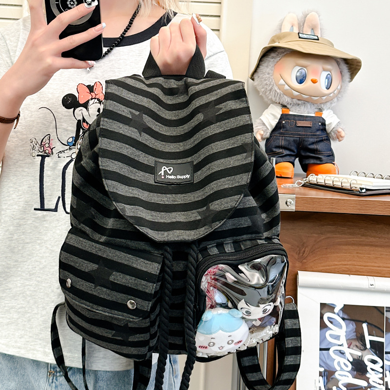 Functional double-shoulder backpack, casual backpack for classes, large capacity, retro style, new model for college students, versatile striped Korean style