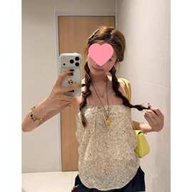 定染抽绳抹胸女2026渡假风花冉杏色短款露肩上衣设计感显瘦吊带