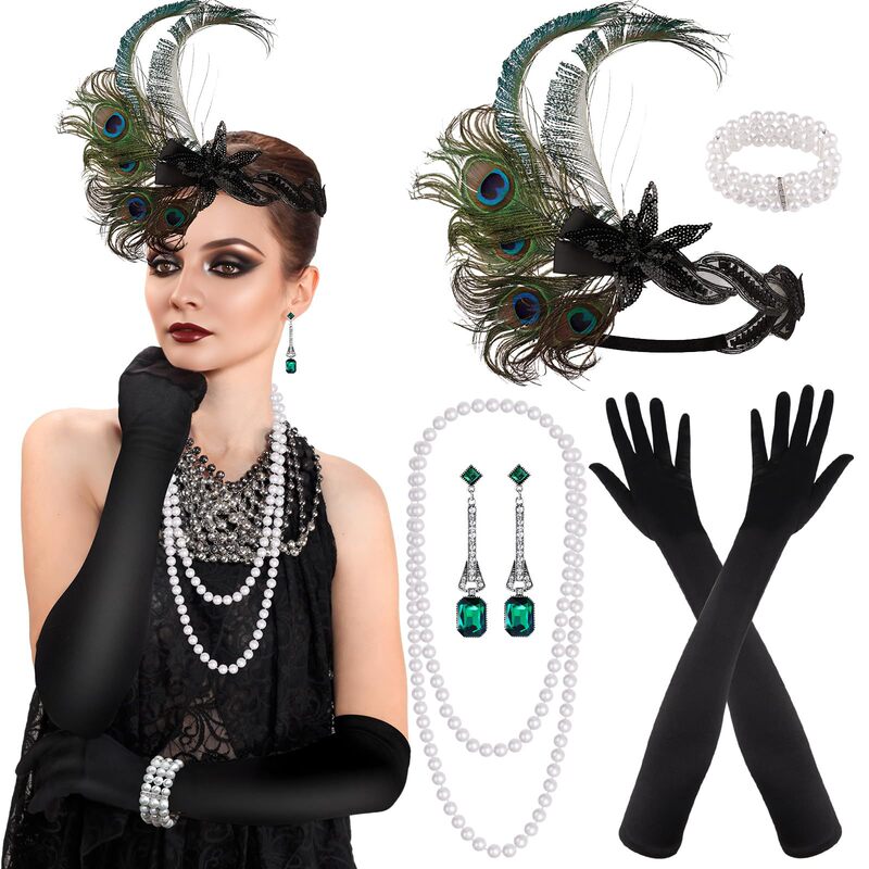 5Pcs Feather Hairband Combination 1920S Party Retro Party Headdress Alloy Earrings Gloves Necklace Bracelet Set